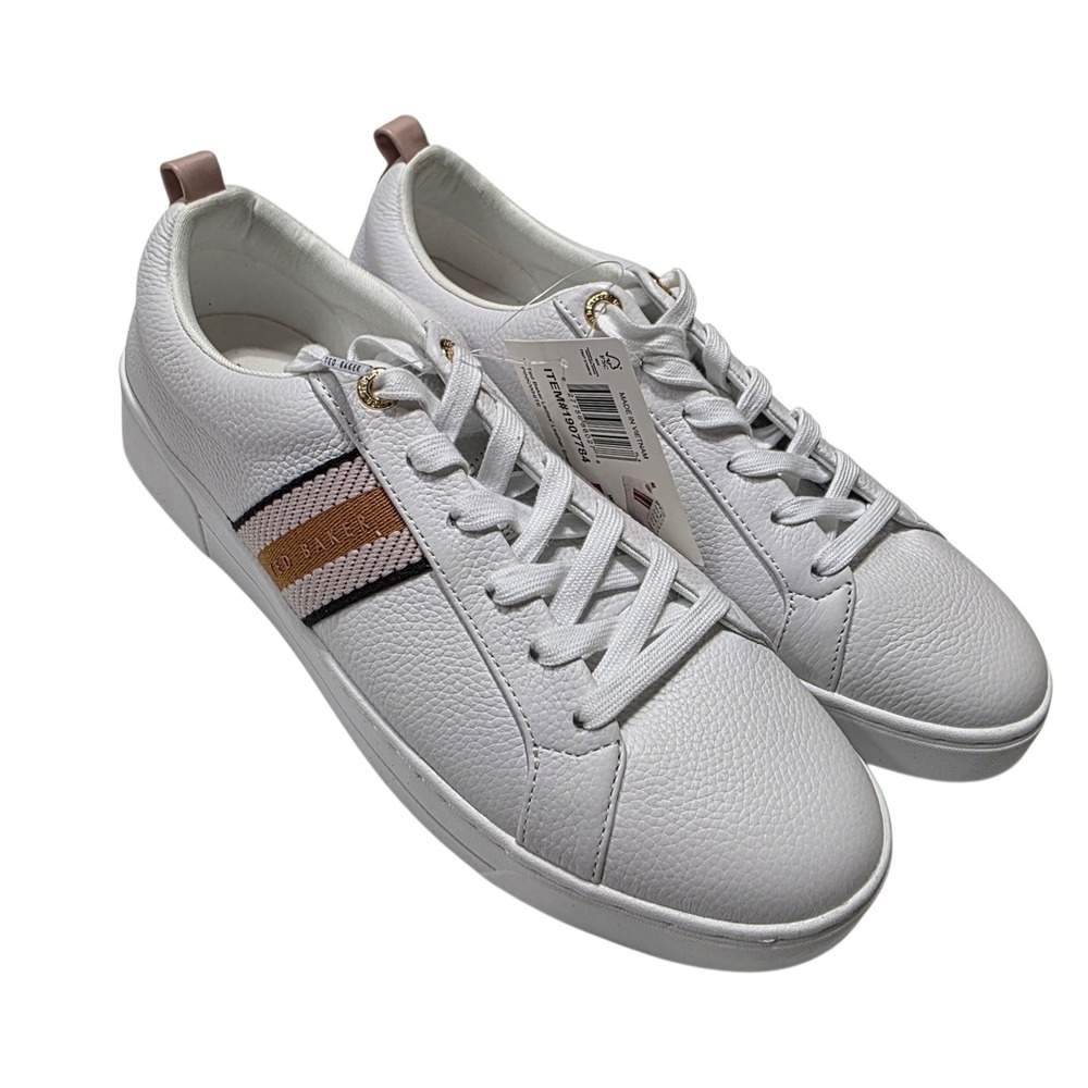 NEW Ted Baker Leather Sneaker Women 11 White Pink Stripe Lace Up Low Top